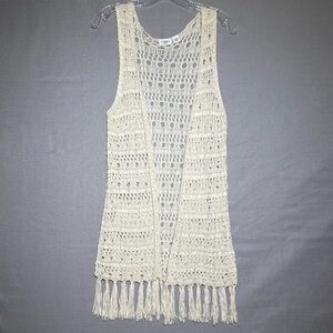 Crochet cardigan open knit long fringed Coachella country southwestern ivory L